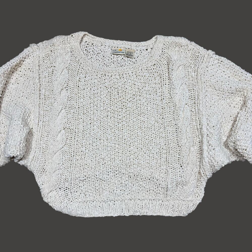 Liz Claiborne Vintage Silk Cotton Chunky Loose Knit Cream Crop Sweater Medium - Picture 6 of 11